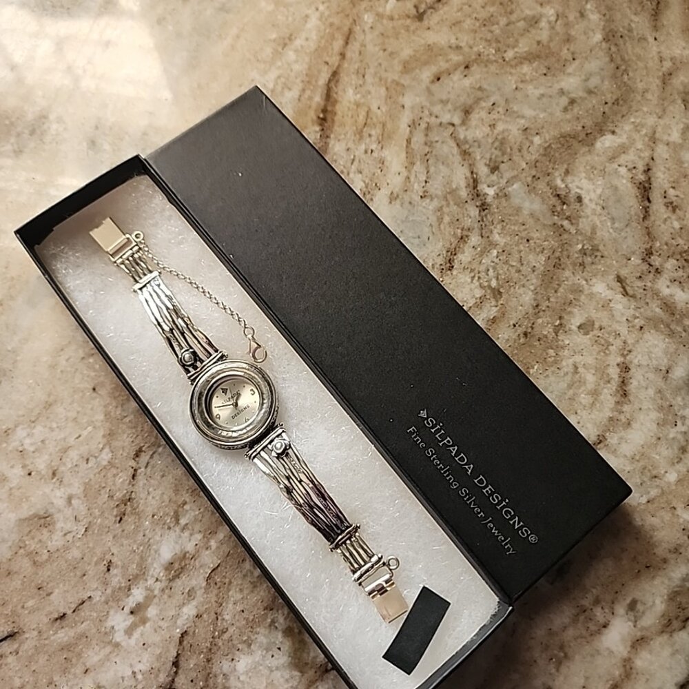 NIB RETIRED SILPADA STERLING SILVER HAMMERED WATCH T1315, "Pearl Flower."